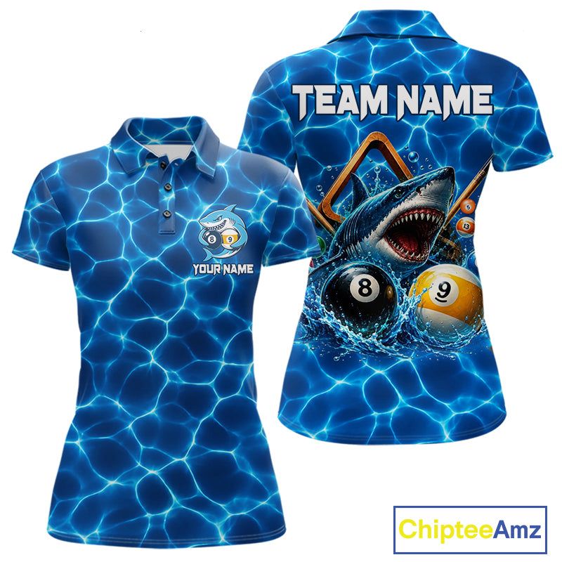 Lightning blue shark billiard polo shirt for women custom 8 ball and 9 ball jersey