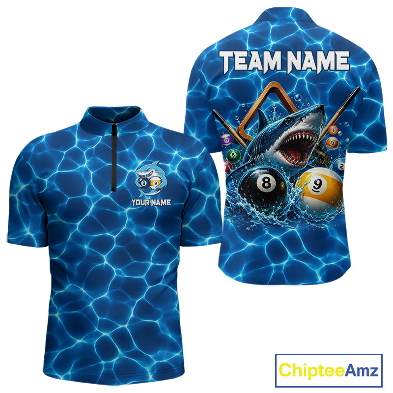 Lightning blue shark billiard 1/4-zip shirt for men custom 8 ball and 9 ball jersey