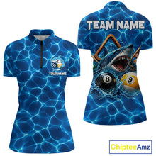 Load image into Gallery viewer, Lightning blue shark billiard 1/4-zip shirt for women custom 8 ball and 9 ball jersey