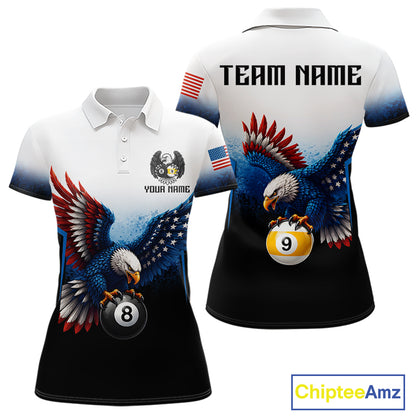 Grunge blue eagle 8 ball 9 ball billiard polo shirt for women patriotic team apparel