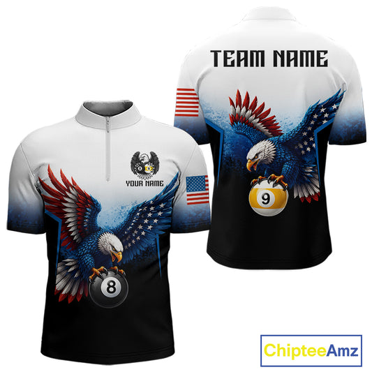 Grunge blue eagle 8 ball 9 ball billiard 1/4-zip shirt for men patriotic team apparel
