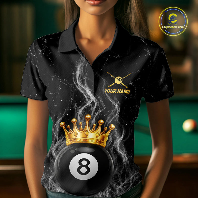 Personalized Gold Crown 8 Ball Women Billiard Pool Shirts Custom Fire Flame Billiard Jersey | White NYN3310