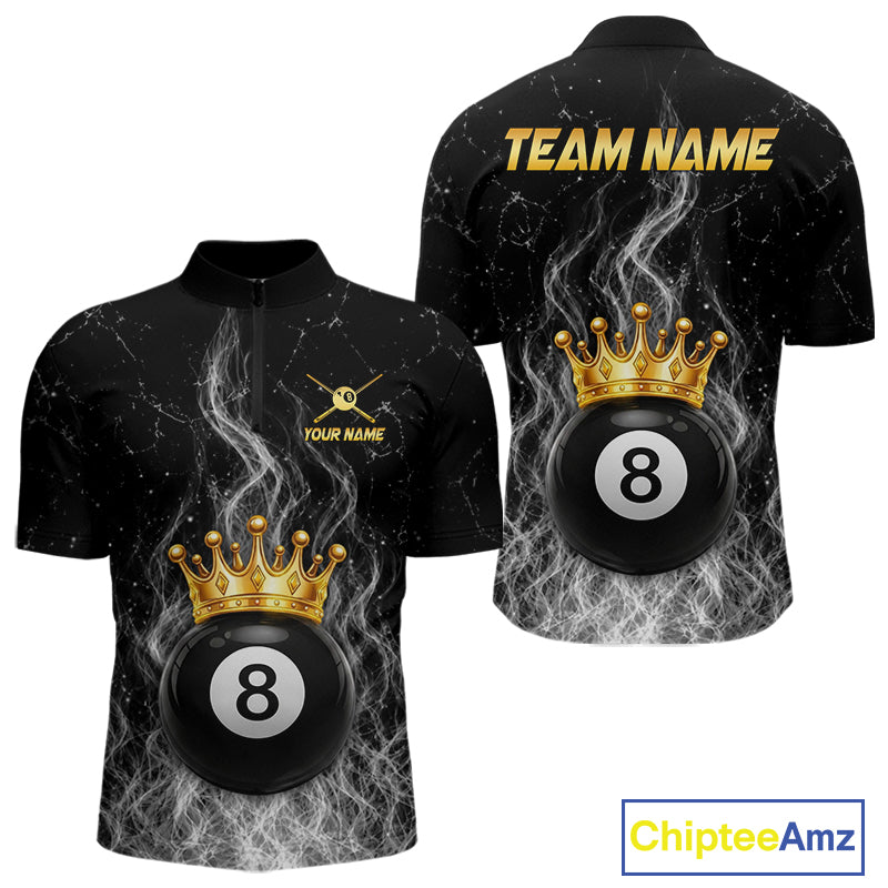 Personalized gold crown 8 ball billiard 1/4-zip shirt for men with fire flame design