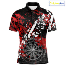 Load image into Gallery viewer, Black white red grunge men's darts polo shirt, smoke dartboard dart jersey, custom darts team uniform, personalized dart apparel, tournament darts clothing