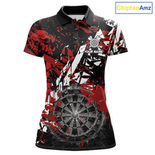 Load image into Gallery viewer, Black white red grunge women's darts polo shirt, smoke dartboard dart jersey, custom darts team uniform, personalized dart apparel, tournament darts clothing