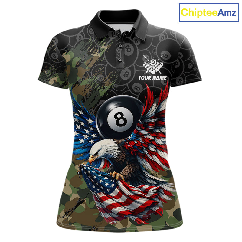 Custom Green Camouflage Eagle American Flag Women's Billiard Polo Shirt, Personalized Tactical Pool Team Jersey, Patriot Cue Sports Apparel, Military Style, Strength, Honor & Teamwork