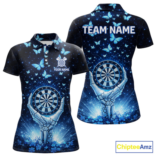Blue Light Butterflies Skull Dartboard Custom Women Darts Polo Shirts Dart League Jerseys NYN2263