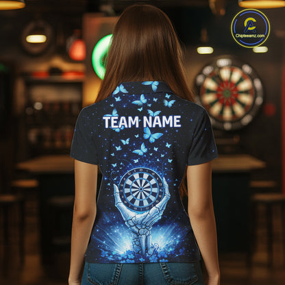 Blue Light Butterflies Skull Dartboard Custom Women Darts Polo Shirts Dart League Jerseys NYN2263