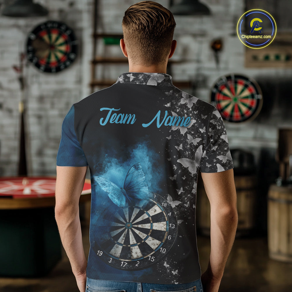 Custom Silver Butterfly Blue Smoking Grunge Dartboard Men Darts Polo Shirts Dart Jerseys NYN2266