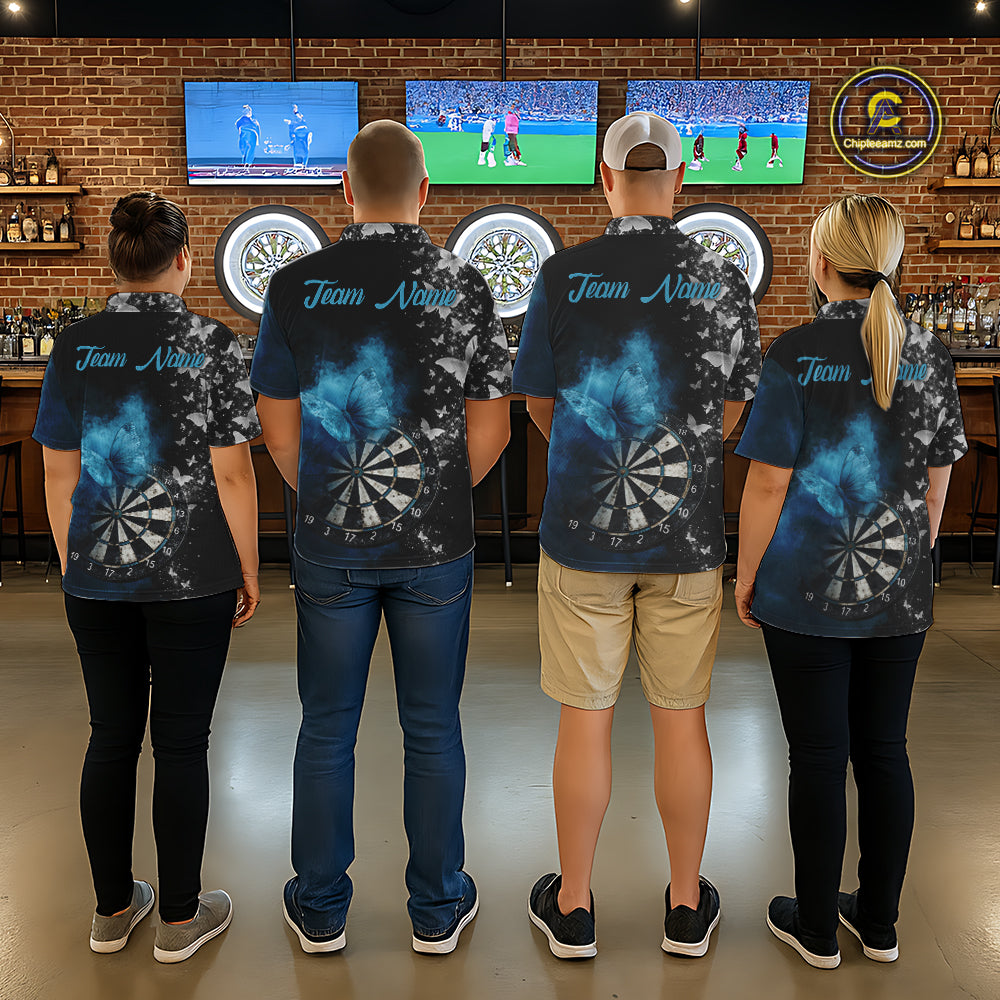 Custom Silver Butterfly Blue Smoking Grunge Dartboard Men Darts Polo Shirts Dart Jerseys NYN2266