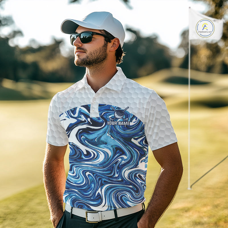 Mens Golf Clothing Blue Fluid Pattern Golf Polo Shirt Custom White Golf Ball Golf Upf Shirts NYN2929