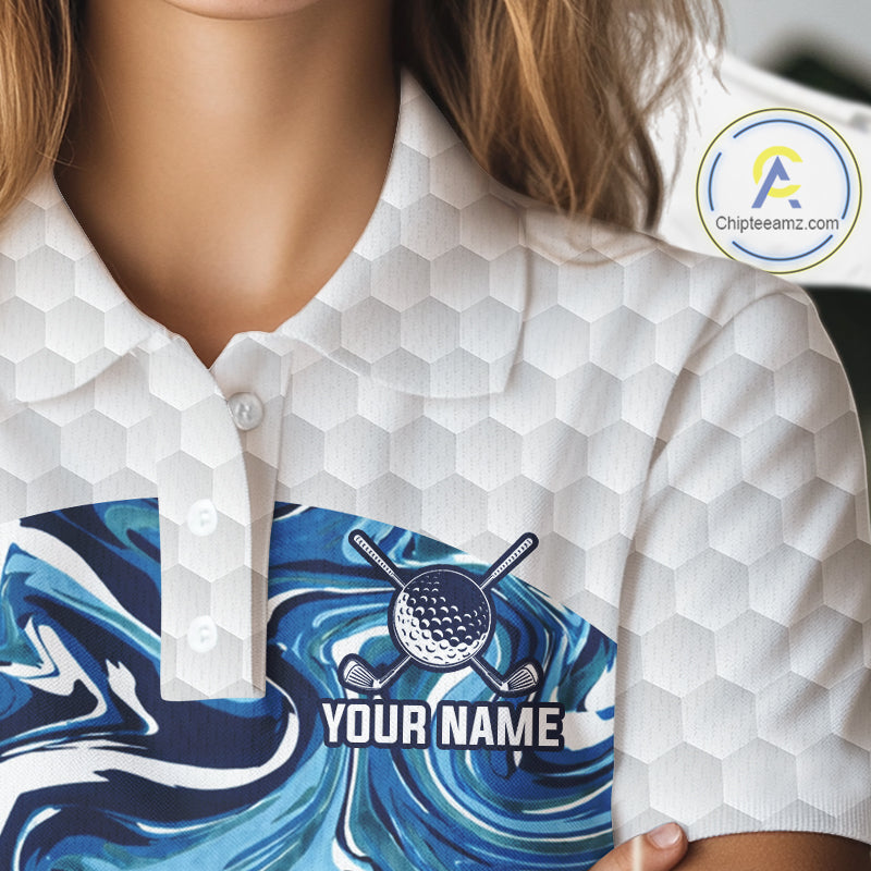Women Golf Clothing Blue Fluid Pattern Golf Polo Shirt Custom White Golf Ball Golf Upf Shirts NYN2929