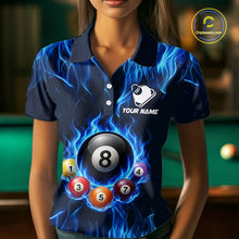 Load image into Gallery viewer, Fire Flame 8 Ball Billiard Shirt For Women Custom Blue Flames Pool Billiard Rack Team Shirt NYN3137