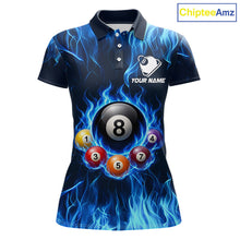 Load image into Gallery viewer, Fire Flame 8 Ball Billiard Shirt For Women Custom Blue Flames Pool Billiard Rack Team Shirt NYN3137
