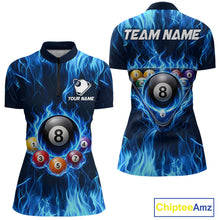 Load image into Gallery viewer, Fire Flame 8 Ball Billiard Shirt For Women Custom Blue Flames Pool Billiard Rack Team Shirt NYN3137