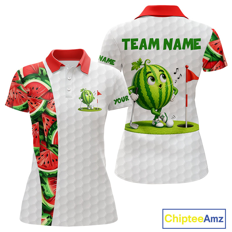 White polo shirt with watermelon design and 'Team Name' text, featuring a cartoon watermelon character holding a golf club.