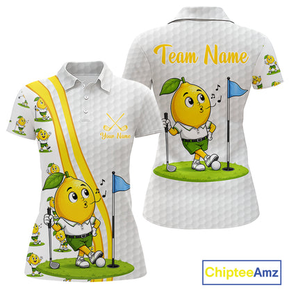 Golf-themed shirt with cartoon lemon character and customizable text on a white background
