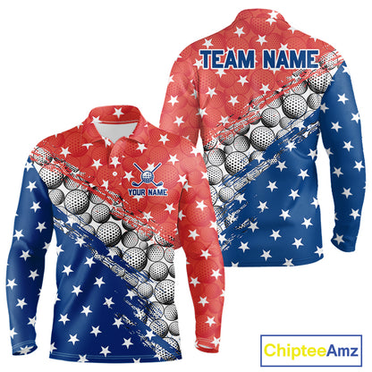 Long-sleeve shirt with American flag design and golf ball pattern, customizable with 'Your Name' and 'Team Name'.