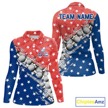 Load image into Gallery viewer, Long-sleeve shirt with golf ball pattern and American flag design, featuring 'Team Name' and 'Your Name' text on a white background.