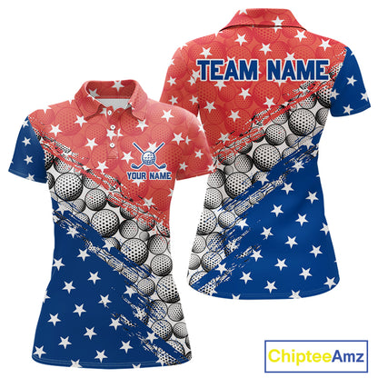 Two views of a polo shirt with American flag design and golf ball pattern, featuring 'Team Name' and 'Your Name' text.