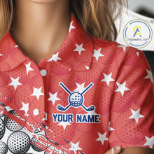 Load image into Gallery viewer, Red shirt with star pattern and golf-themed design, featuring a customizable name area.