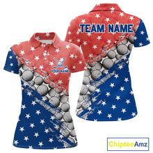 Load image into Gallery viewer, Two views of a polo shirt with American flag design and golf ball pattern, featuring 'Team Name' and 'Your Name' text.