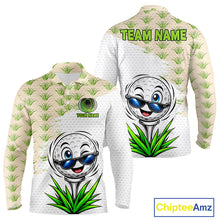 Load image into Gallery viewer, Golf-themed long-sleeve shirt with cartoon golf ball and grass pattern, customizable text
