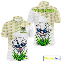 Load image into Gallery viewer, Two golf-themed polo shirts with cartoon golf balls and grass patterns, featuring customizable text on a white background