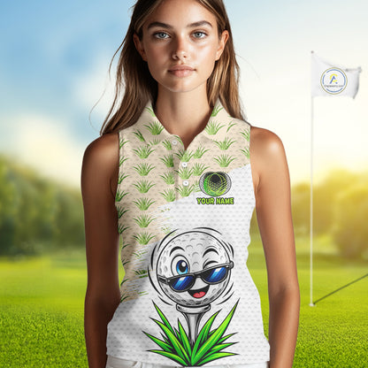 Funny Golfer Grass Sleeveless Polos For Women Custom White Golf Ball Team Outfits, Upf Golf Shirts NYN3324