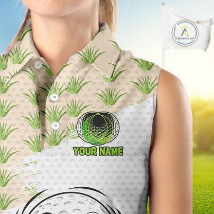 Funny Golfer Grass Sleeveless Polos For Women Custom White Golf Ball Team Outfits, Upf Golf Shirts NYN3324