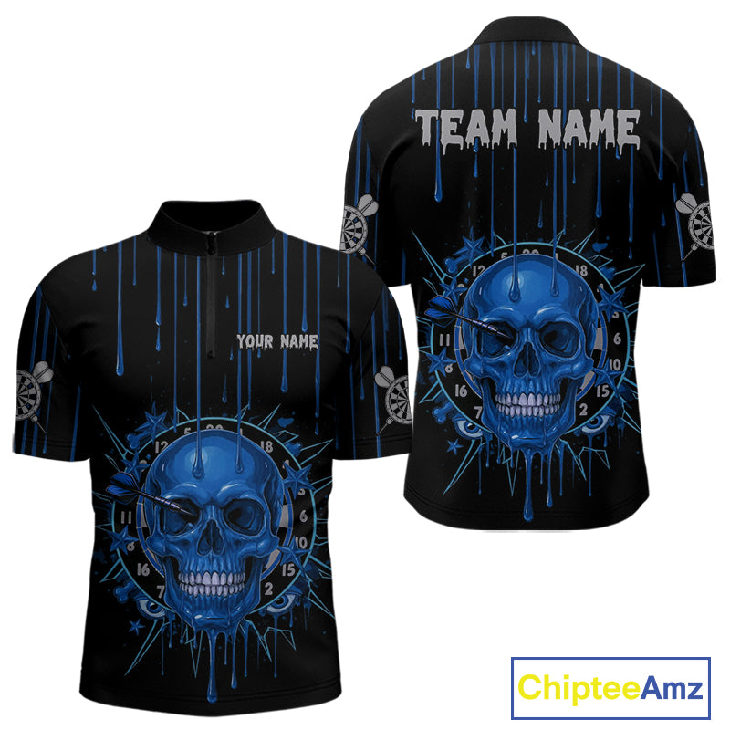 Custom Blue Dripping Horror Skull Dartboard Dart Men Quarter-Zip Jerseys Dart Team Shirts NYN1758