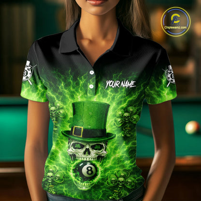 Flaming Shamrock Skull Pool 8 Ball Women's Billiard Shirt Custom St Patrick's Day Billiard Team Attire NYN2561