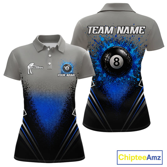 Personalized Grey And Blue Splatter 8 Ball Pool Billiard Shirt For Women Custom Billiard Team Jersey NYN3147