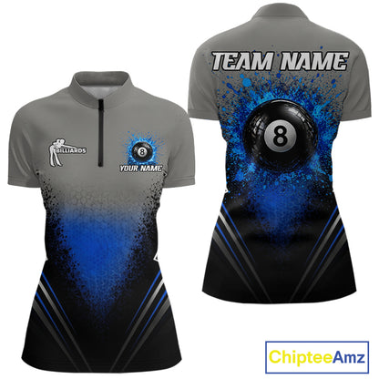 Personalized Grey And Blue Splatter 8 Ball Pool Billiard Shirt For Women Custom Billiard Team Jersey NYN3147