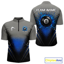 Load image into Gallery viewer, Personalized Grey And Blue Splatter 8 Ball Pool Billiard Shirt For Men Custom Billiard Team Jersey NYN3147