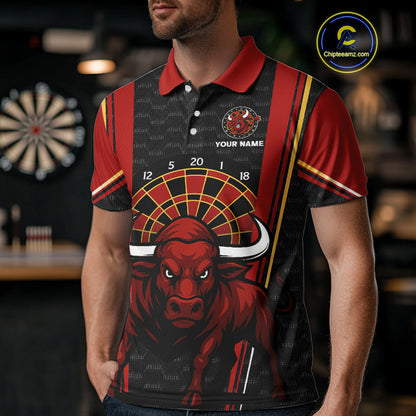 Red Powerful Bull Darts Dartboard Shirt For Men - Custom Team & Player Name NYN0359