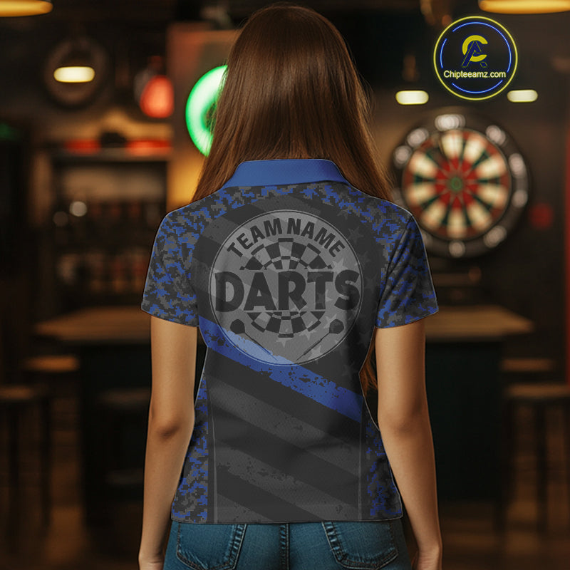 Grey Darts & Azure Camo Pattern Darts Shirt For Women - Custom Team & Player Name NYN0360