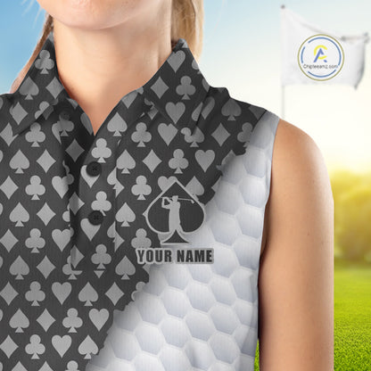 Person wearing a sleeveless shirt with card suit pattern and golf club design, with a blurred background.