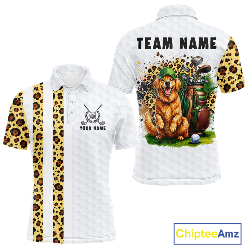 Golden retriever golf shirt with yellow leopard splatter funny golf polo for men