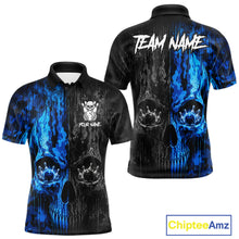 Load image into Gallery viewer, Blue And Black Camouflage Skull Bowling Polo Shirt For Men Custom Bowling Team Jersey Personalized League Bowler Apparel
