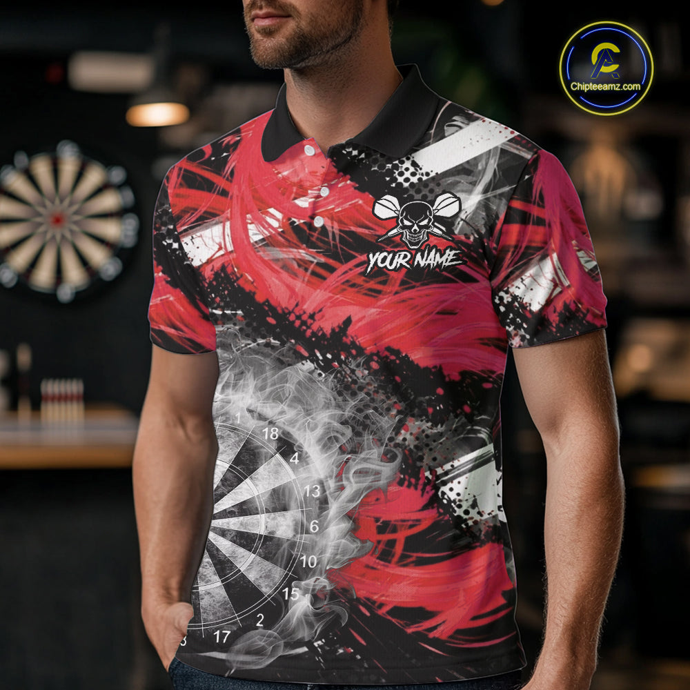 Red & Grey Smokes Dartboard Custom Men Darts Polo Shirts Grunge Dart League Jerseys NYN2279