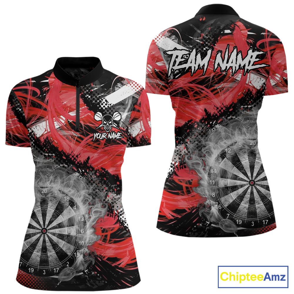 Red & Grey Smokes Dartboard Custom Women Darts Quarter-Zip Shirts Grunge Dart League Jerseys NYN2279