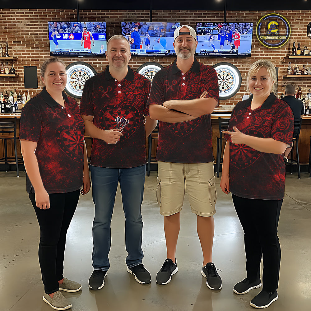 Red Grunge Roses Heart Dartboard Women Darts Valentine Shirt Custom Dart Quarter-Zip Couple Gifts NYN2573