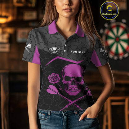 Purple Roses Skull & Black Cracked Pattern Darts Shirt For Women - Custom Team Name NYN0375
