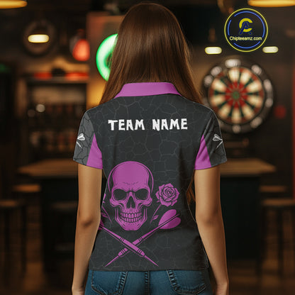 Purple Roses Skull & Black Cracked Pattern Darts Shirt For Women - Custom Team Name NYN0375