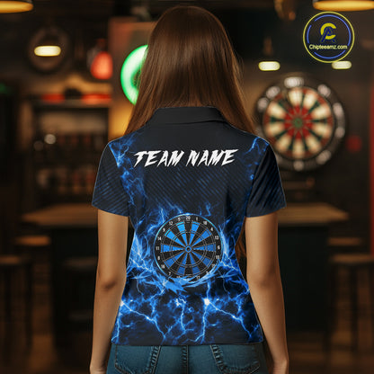 Custom Thunder Lightning Dartboard Women Dart Polo & 1/4-Zip Shirt, Gifts For Dart Players | Blue NYN3337