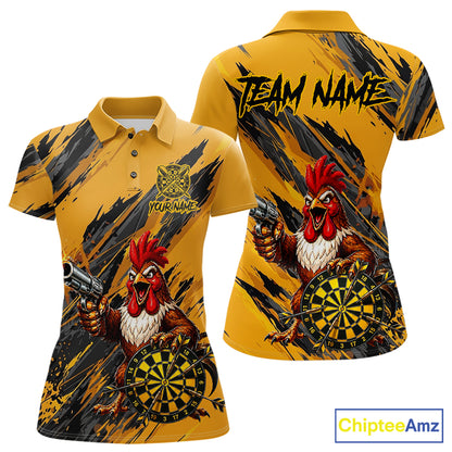 Black and yellow grunge rooster gun dart polo shirt custom dart clothing for women