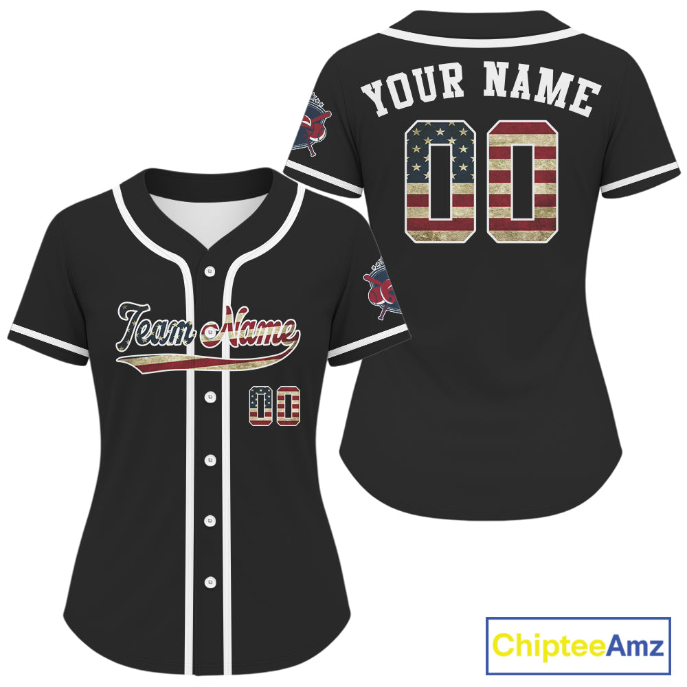 Custom USA Flag Patriotic Baseball Shirts For Women Black Youth Baseball Jerseys NYN0829