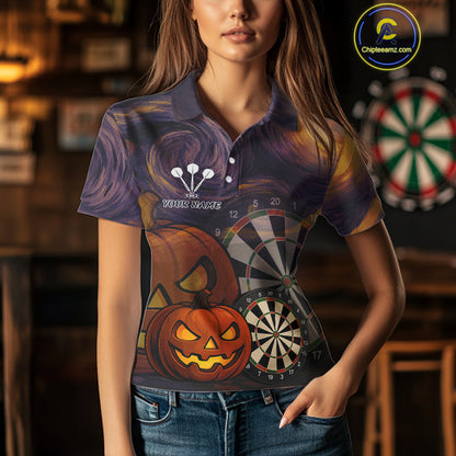 Pumpkin Dartboard 3D Custom Halloween Funny Darts Polo Jerseys For Women, Darts Shirt NYN0831
