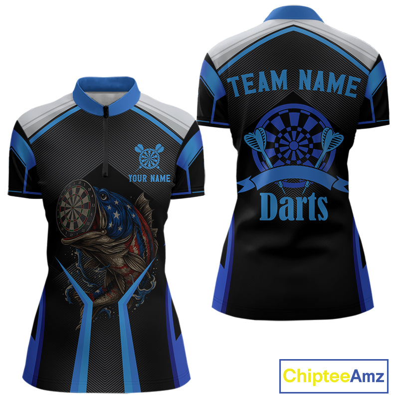 Custom Black Blue Bass Funny Dart 1/4-Zip Shirt For Women Dart Team Sport Jerseys NYN1528